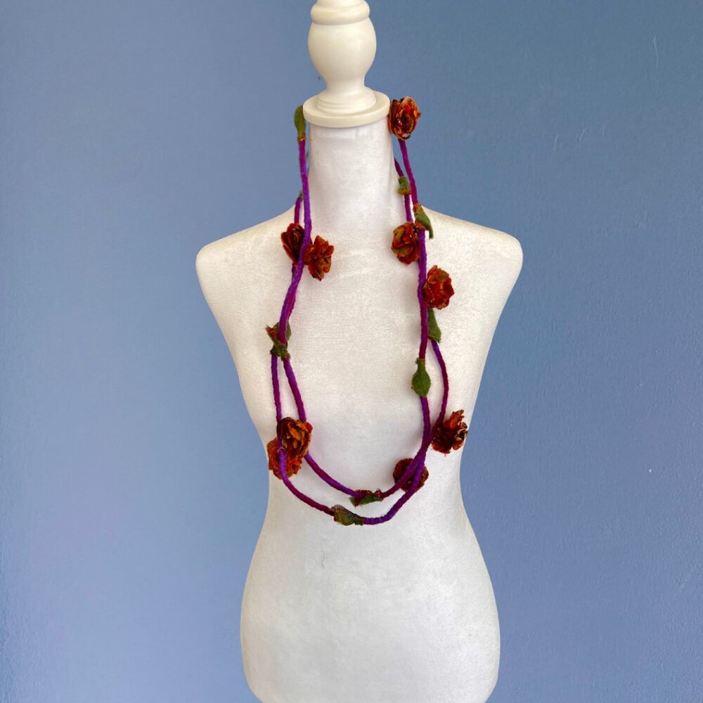 *NWOT* Wearable Art - Orange Felt Flower Necklace I Artisan Made